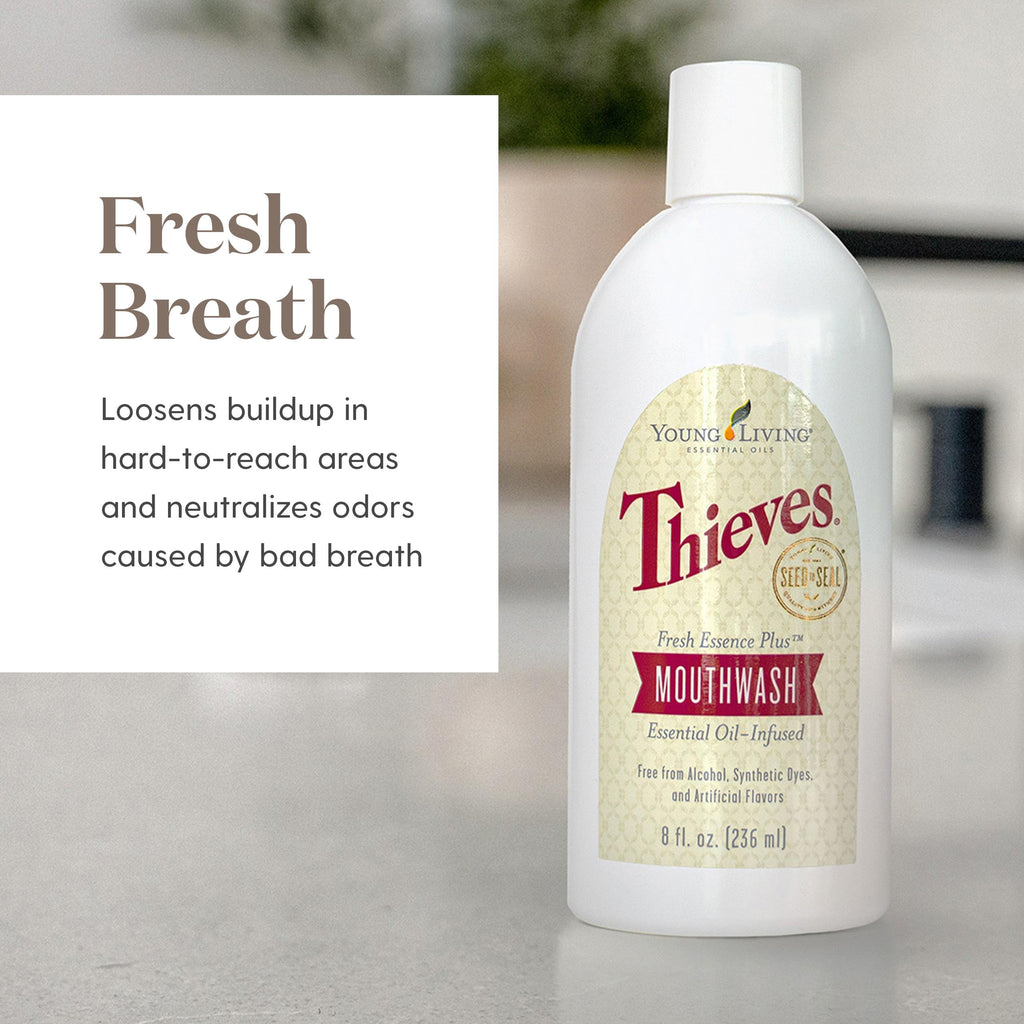 Young Living Thieves Fresh Essence Plus Mouthwash | 8 fl oz | Alcohol-Free and Fluoride-Free | Enhanced with Essential Oils | Peppermint, Rosemary, Lemon, & Cinnamon Oils