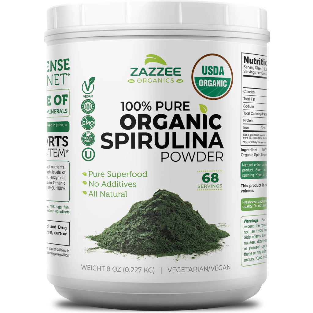 Zazzee USDA Organic Spirulina Powder, 8 Ounces, 68 Servings, 100% Pure | Certified Kosher, Non-Irradiated, Mess-Free Wide Mouth Container, Fresh Smell and Neutral Taste, Non-GMO, Made in USA