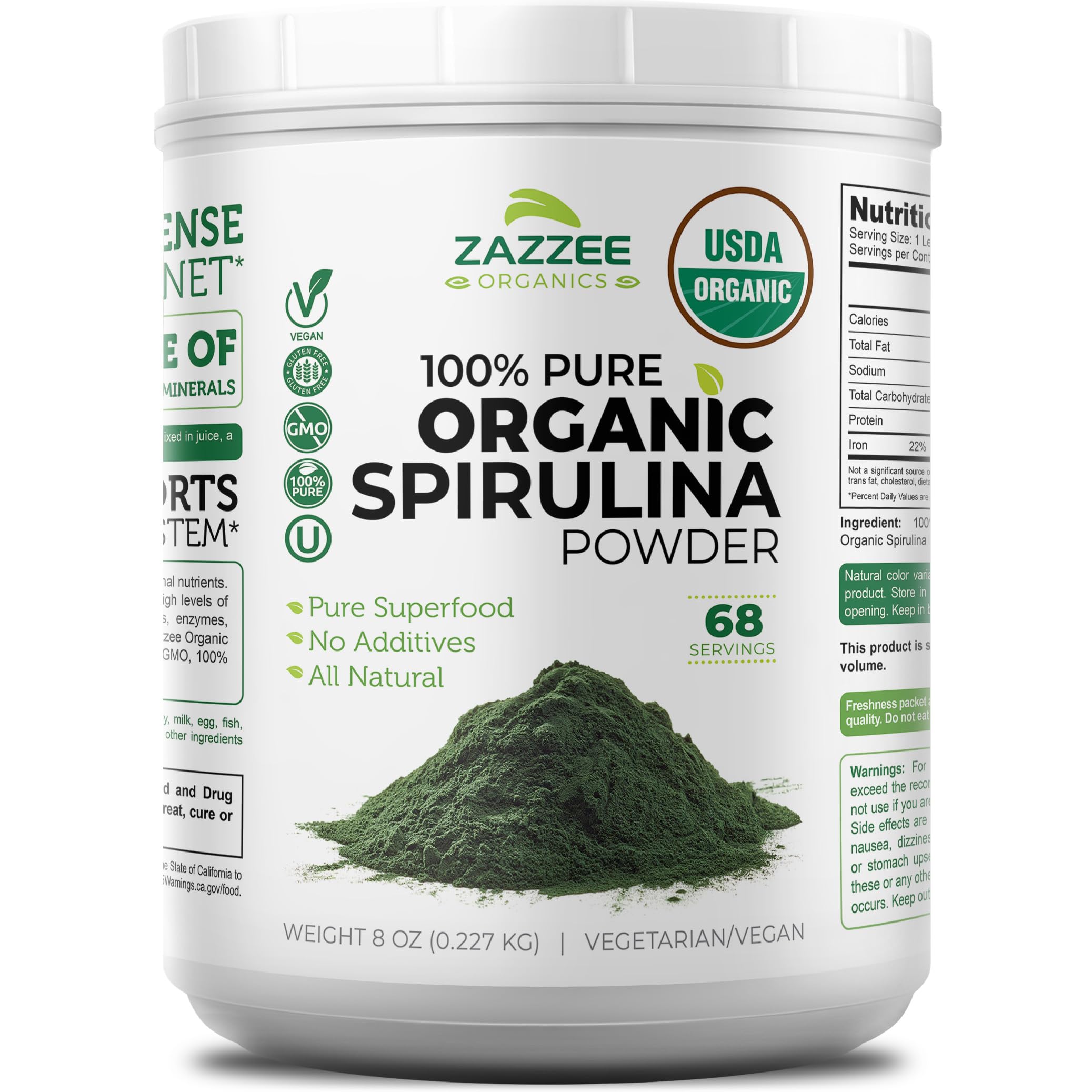 Zazzee USDA Organic Spirulina Powder, 8 Ounces, 68 Servings, 100% Pure | Certified Kosher, Non-Irradiated, Mess-Free Wide Mouth Container, Fresh Smell and Neutral Taste, Non-GMO, Made in USA