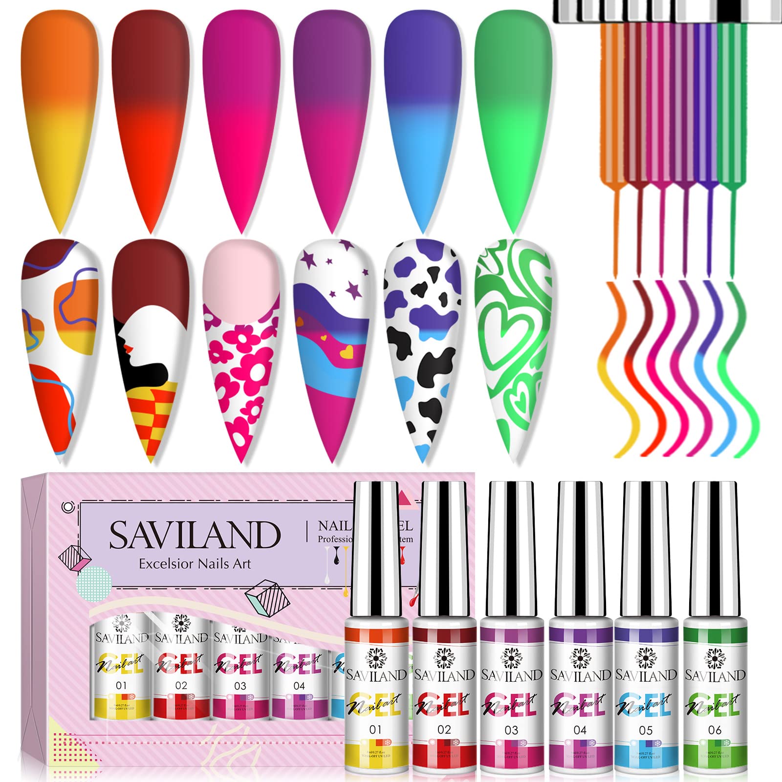 SAVILAND One-Step Gel Nail Polish Pens set featuring vibrant colors and unique designs, perfect for creative nail art.