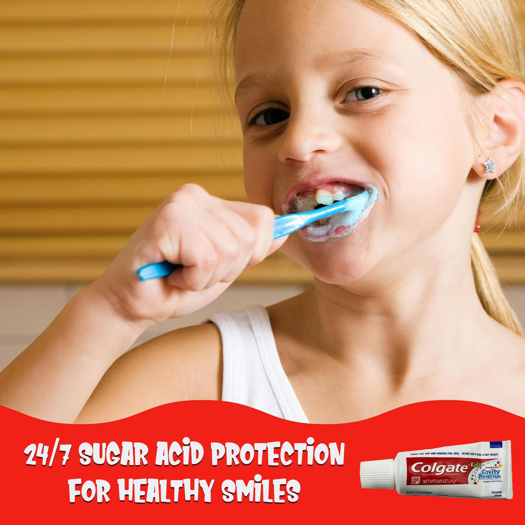 Colgate Kids Cavity Protection Fluoride Toothpaste, 6 Pack, Bubble Fruit Flavor, Children's Toothpaste, for Ages 2+, Sugar Free, No Artificial Preservatives, Travel Size 0.85 oz Each