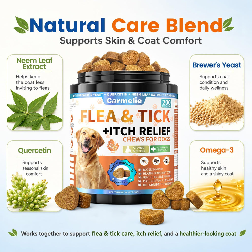 Carmelie Flea and Tick Prevention for Dogs, Flea & Tick + Itch Relief Chews