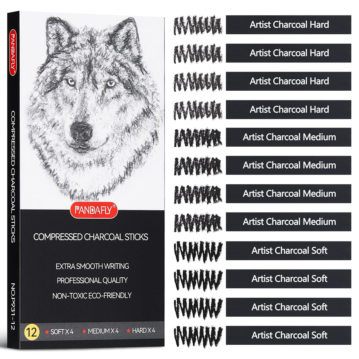 PANDAFLY Compressed Charcoal Sticks, 12 Pack, Soft Medium & Hard