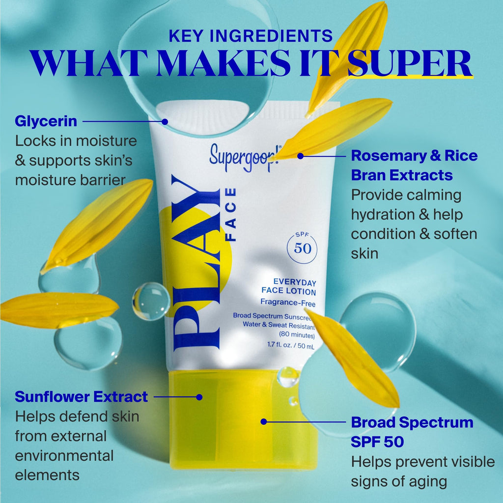 Buy now Supergoop! PLAY Everyday Face Lotion SPF 50 - Lightweight, Non-Greasy Formula - Natural Finish - Fragrance Free - Water & Sweat Resistant - All Skin Types - 1.7 fl oz at indiglob india