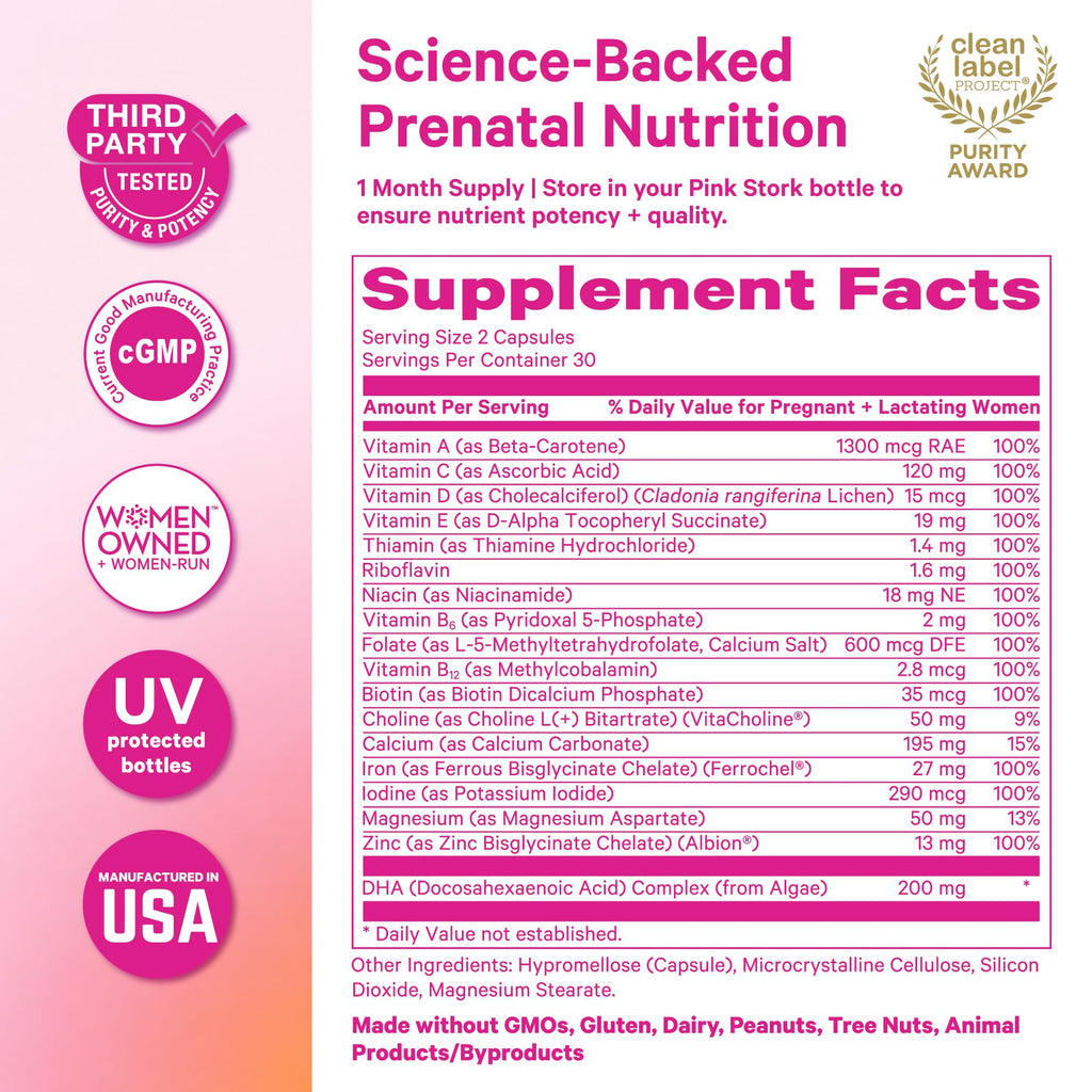 Pink Stork Total Prenatal + DHA, Vegan, No Fishy Burps, 60 Count, Berry | Methylfolate, Vegan DHA, Non-Constipating Iron, Choline, Vitamin B12 | Clean Label Purity Award, Made in USA