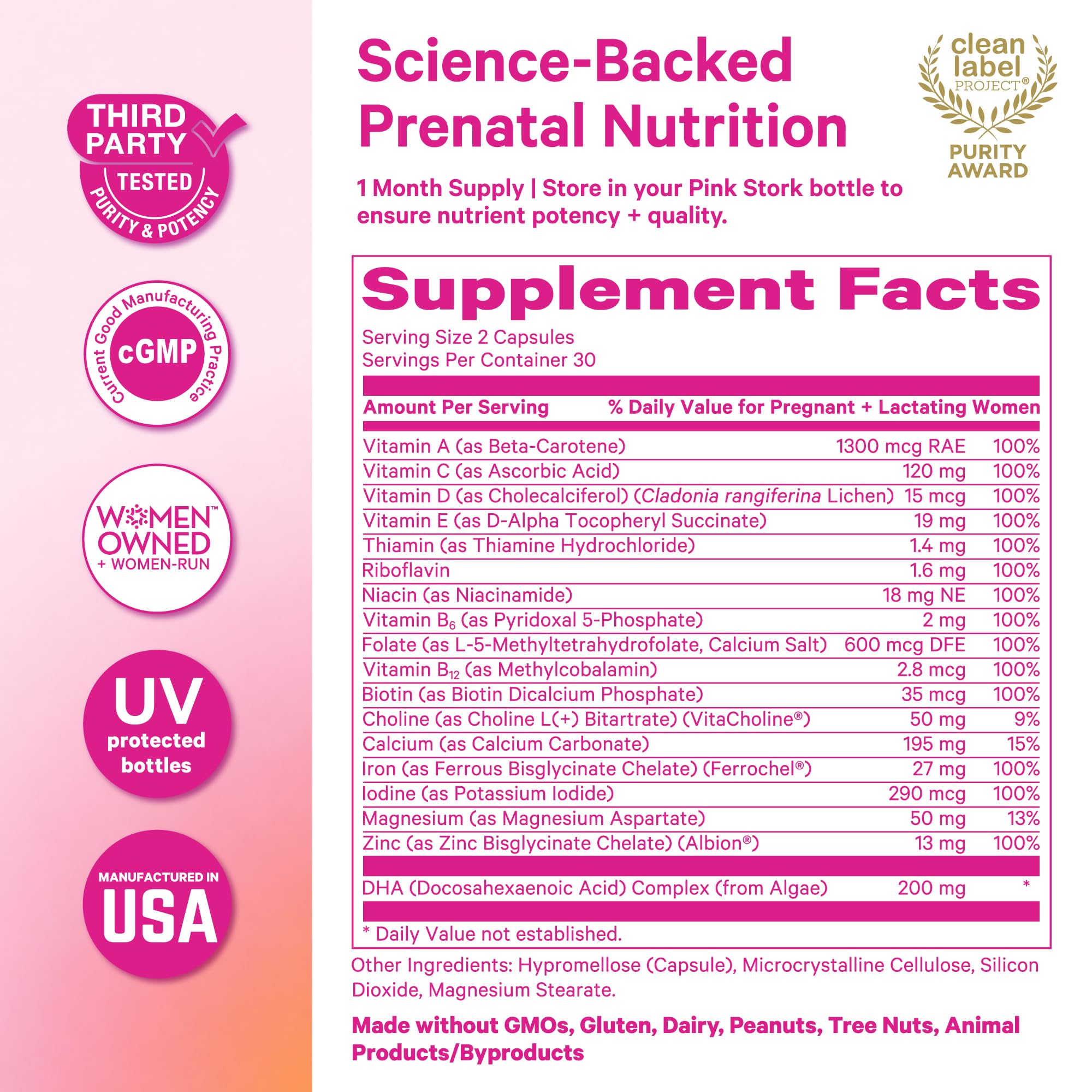 Pink Stork Total Prenatal + DHA, Vegan, No Fishy Burps, 60 Count, Berry | Methylfolate, Vegan DHA, Non-Constipating Iron, Choline, Vitamin B12 | Clean Label Purity Award, Made in USA