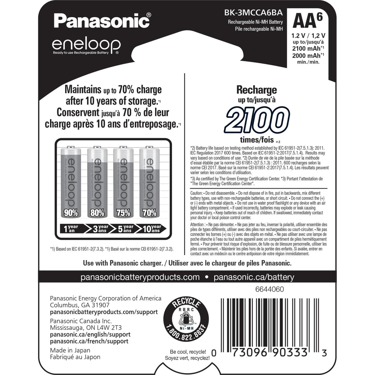 Eneloop Panasonic BK-3MCCA6BA AA 2100 Cycle Ni-MH Pre-Charged Rechargeable Batteries, 6-Battery Pack