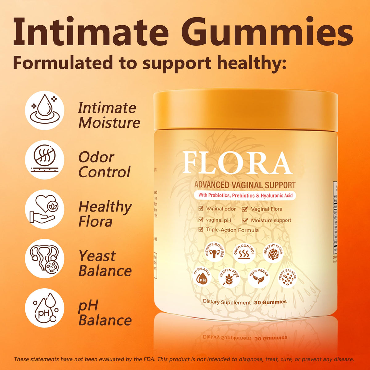 Flora Plus Gummies, Advanced Vaginal Support, Vaginal Health Gummies, Ph Balance for Women, Probiotic Vaginigal Health - Promote Healthy Vaginal Odor & Flora, 60 Count
