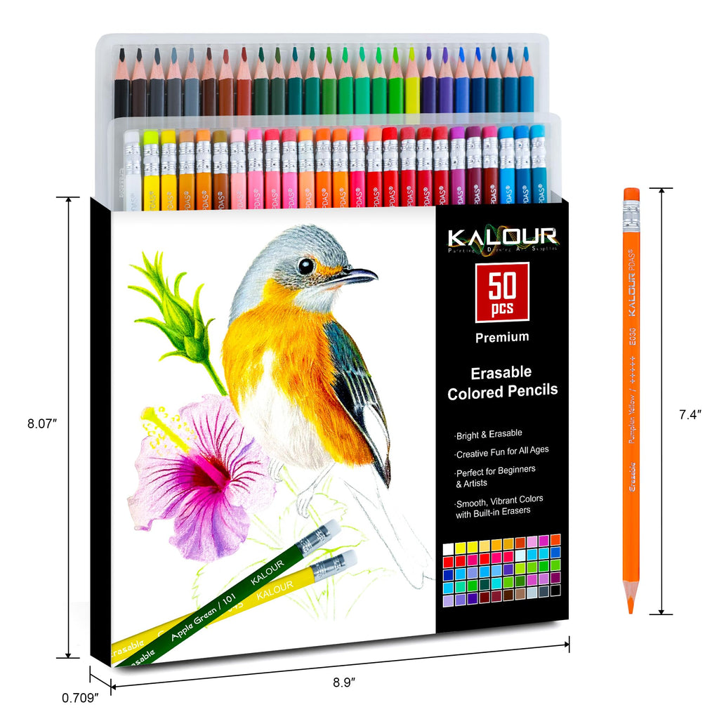 KALOUR 50 Colors Erasable Colored Pencils Set - Easy to Erase, Vibrant and Smooth Coloring Pencils with Erasers - Ideal for Drawing, Sketching, and Coloring Books -Perfect for Adults Beginners Artists