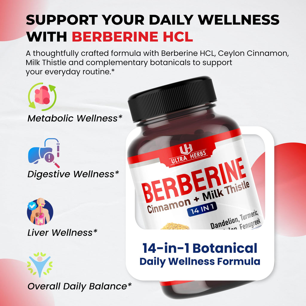 Berberine Supplement with Ceylon Cinnamon & Milk Thistle, Berberine HCL Complex, Daily Metabolic Wellness Formula, 150 Capsules, Non-GMO, Gluten Free, Quality Tested