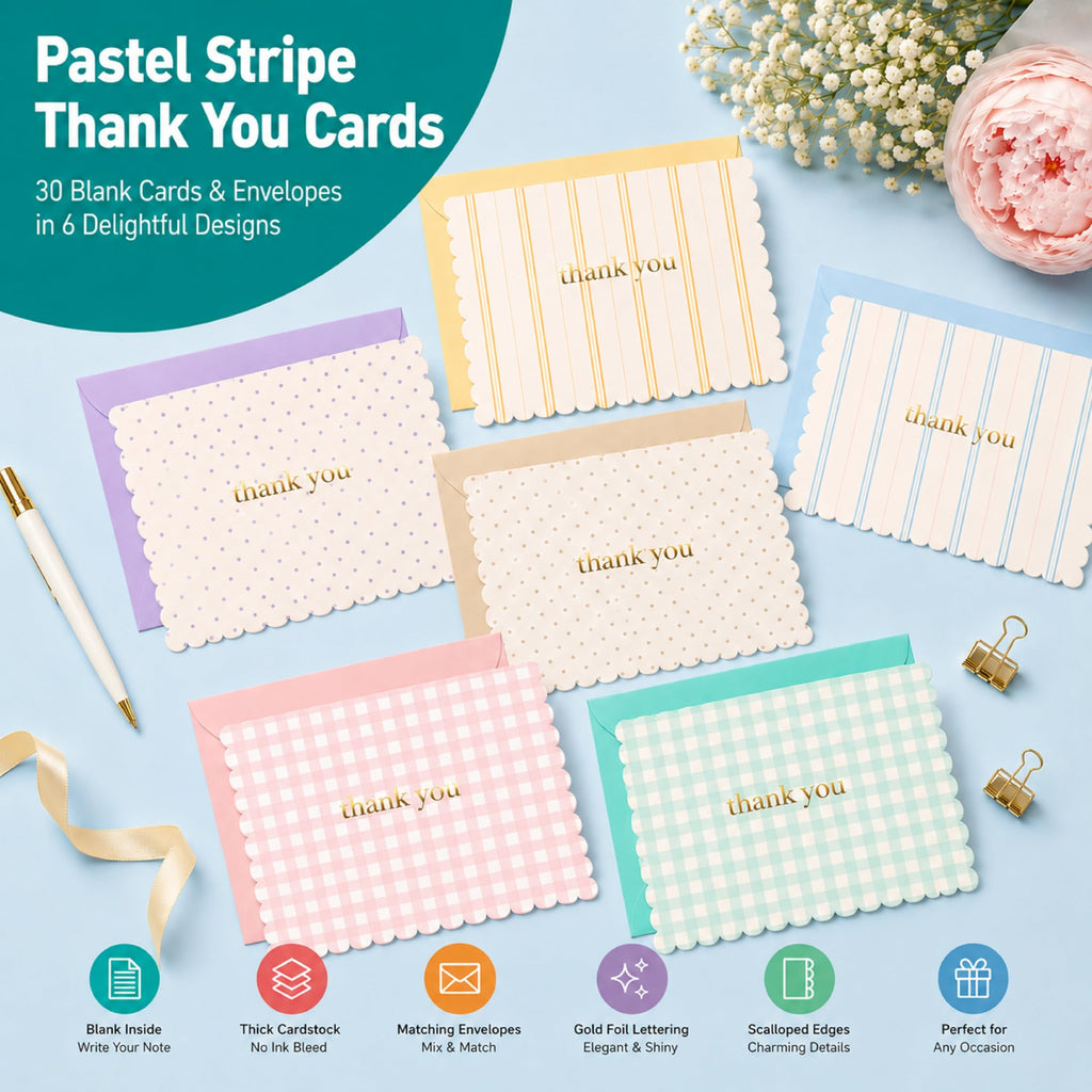 30 Thank You Cards with Matching Color Envelopes, Gold Foil Stickers & Storage Box, 4x6 Inch Thank You Notes, 6 Scalloped-Edge Designs, Blank Inside for Personal & Small Business Use