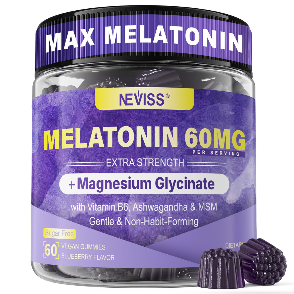 Melatonin Gummies 60mg 30mg for 50+Adults, High Dose, Extra Strength, 120Ct | With Magnesium Glycinate, Vitamin B6, Ashwagandha & MSM, Non-Habit Forming, Sugar Free, Vegan, Blueberry Flavor