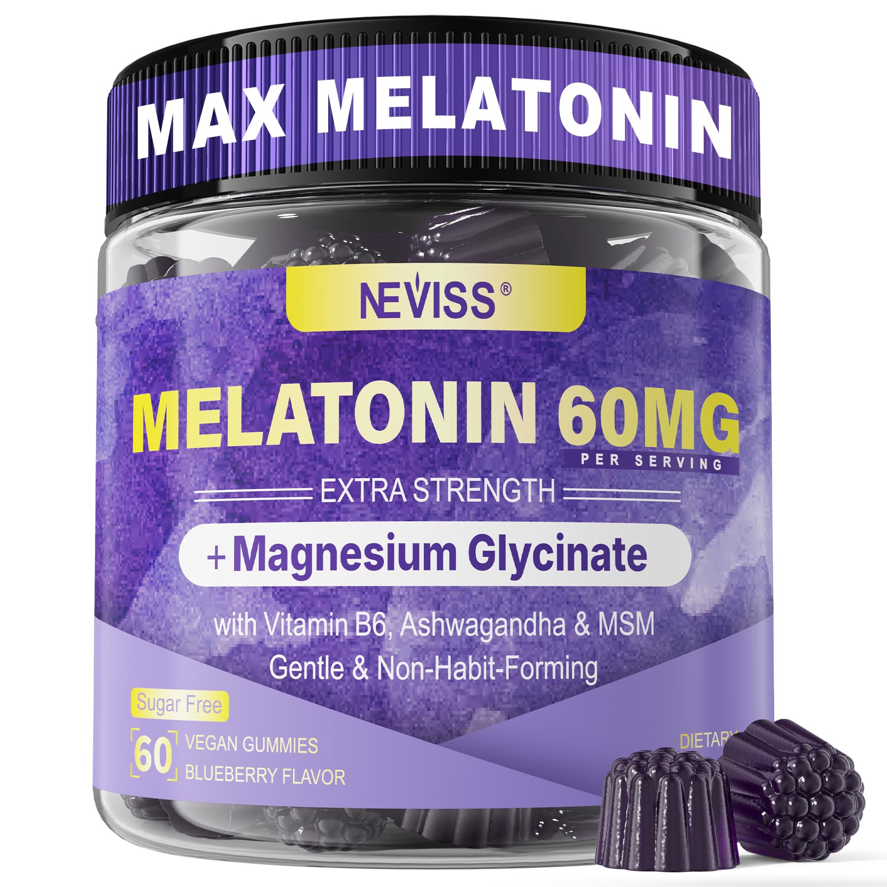 Melatonin Gummies 60mg 30mg for 50+Adults, High Dose, Extra Strength, 120Ct | With Magnesium Glycinate, Vitamin B6, Ashwagandha & MSM, Non-Habit Forming, Sugar Free, Vegan, Blueberry Flavor
