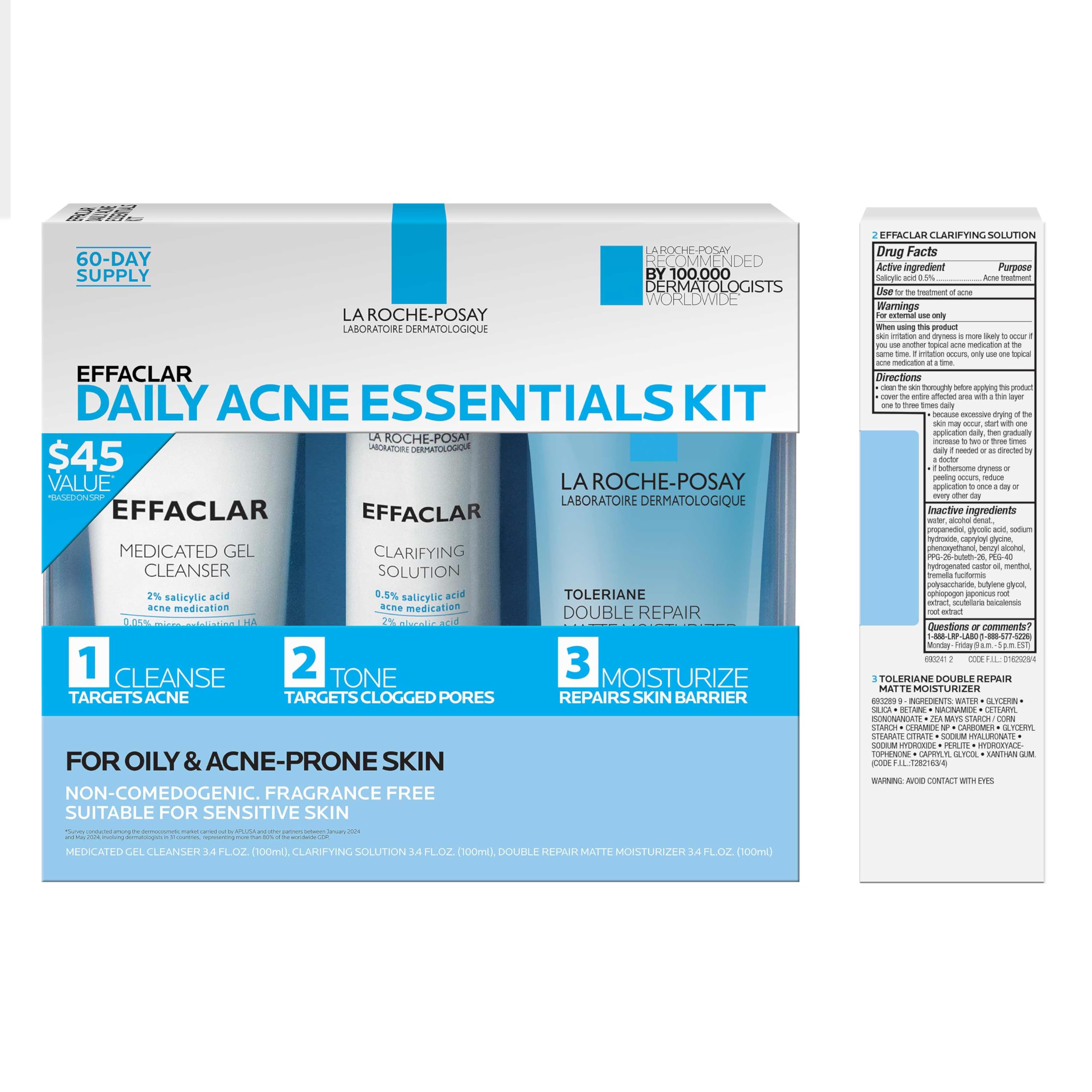 La Roche-Posay Effaclar Daily Acne Kit with Cleanser, Toner & Moisturizer | Salicylic acid acne cleanser, pore refining toner, and matte face moisturizer for oily and combination skin. Oil-free.