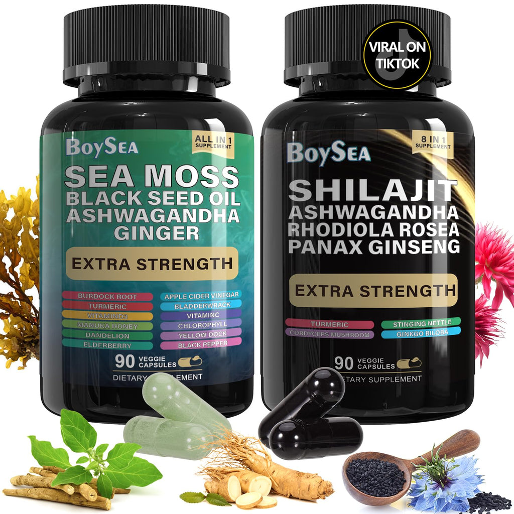 Boysea.Shilajit and Sea Moss Bundle - Sea Moss, Black Seed Oil, Ashwagandha, Ginger & Shilajit, Rhodiola Rosea, All in 1 Supplements - 540 Count