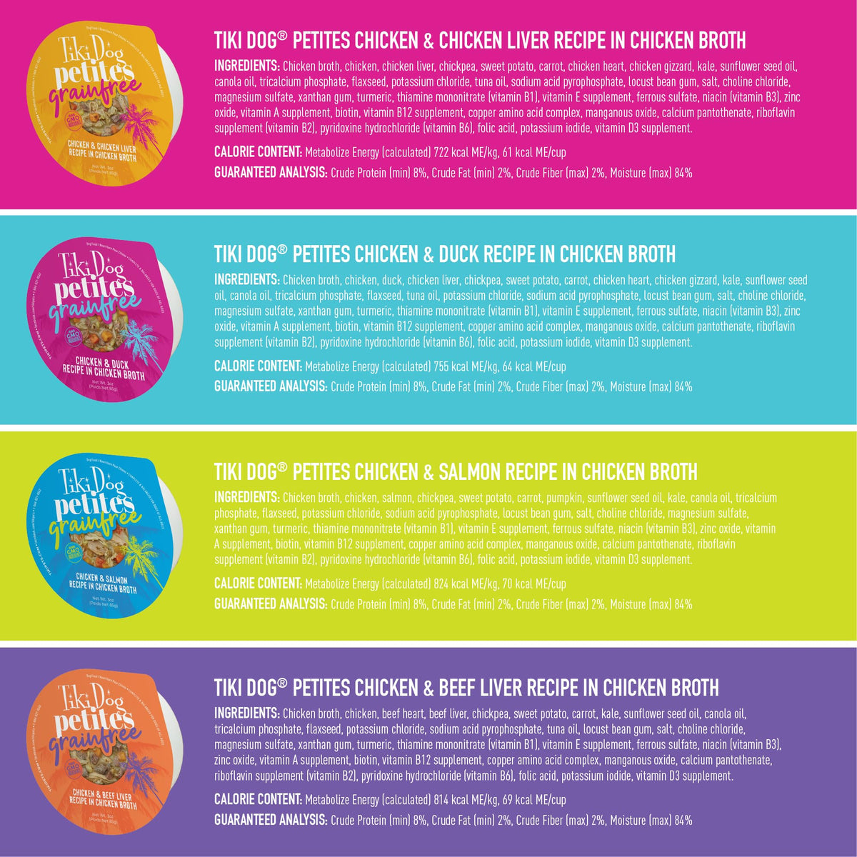 Tiki Dog Petites Grain Free, Variety Pack, Nutrient Dense Meat, Wet Dog Food for Small Breed Dogs and All Life Stages, 3 oz. Cup (10 Count)