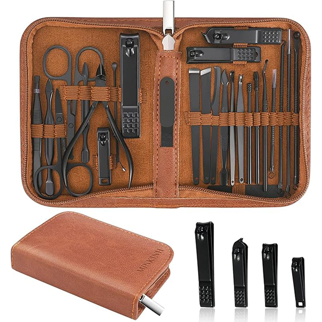 MINKINH Manicure Set Professional Nail Clipper Kit-26 Pieces, Brown | Stainless Steel Manicure Kit, Nail Care Tools with Travel Case for Men & Women, Hand & Foot Care, Gift for Family & Friends
