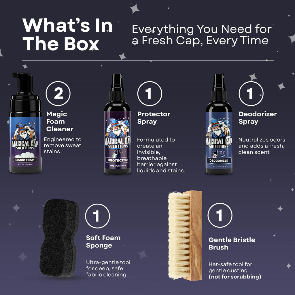 Hat Cleaning Kit – 4-Step Headwear Cleaner with Foam, Brush, Deodorizer & Protector – Safe for Baseball Caps, Snapbacks & All Types of Fabrics