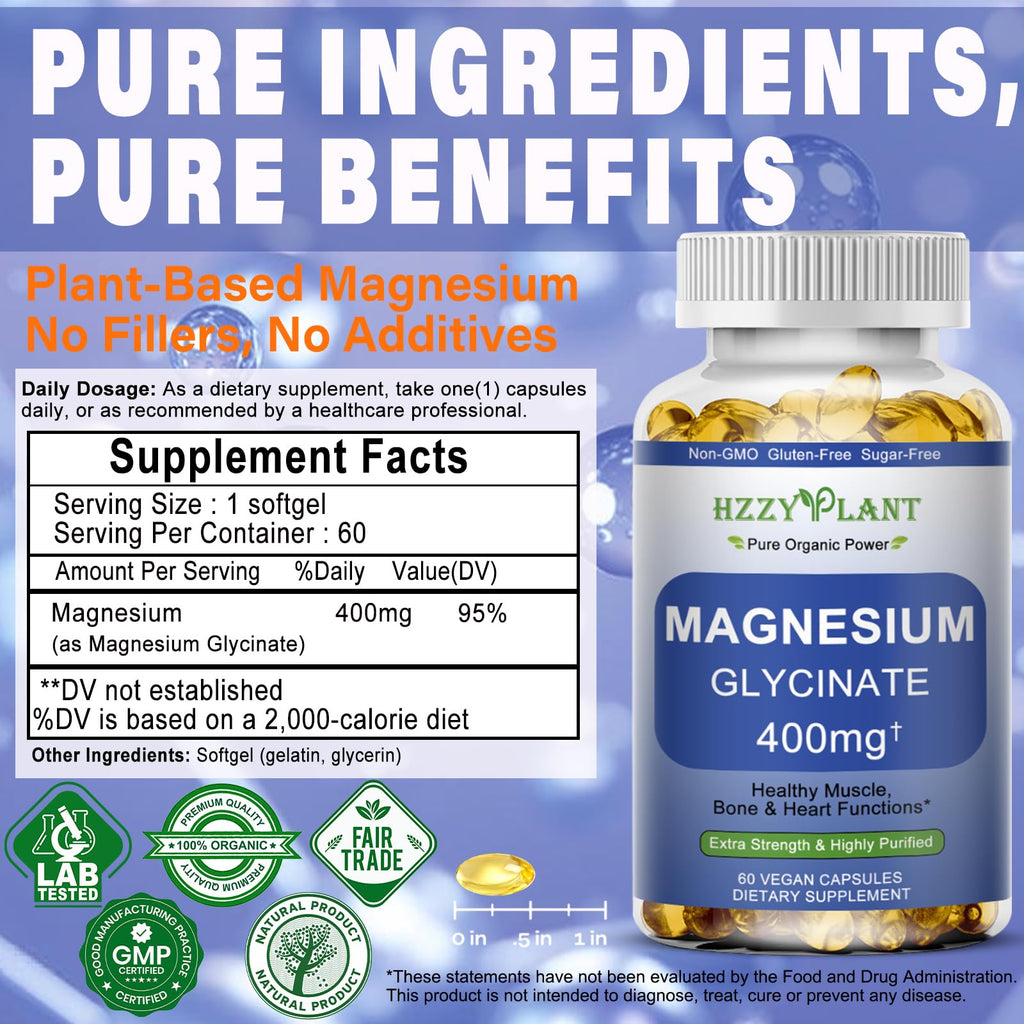 Magnesium Glycinate Softgels, High Absorption Magnesium Glycinate 400mg Supplement for Muscle, Heart, Sleep & Bone Support, Bisglycinate Softgel Capsules Supplement, Vegan, Non-GMO, 2 Month Supply