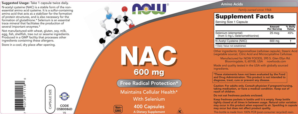 Buy now Now NAC 600 mg, 400 Capsules, N-Acetyl Cysteine with Selenium at indiglob india