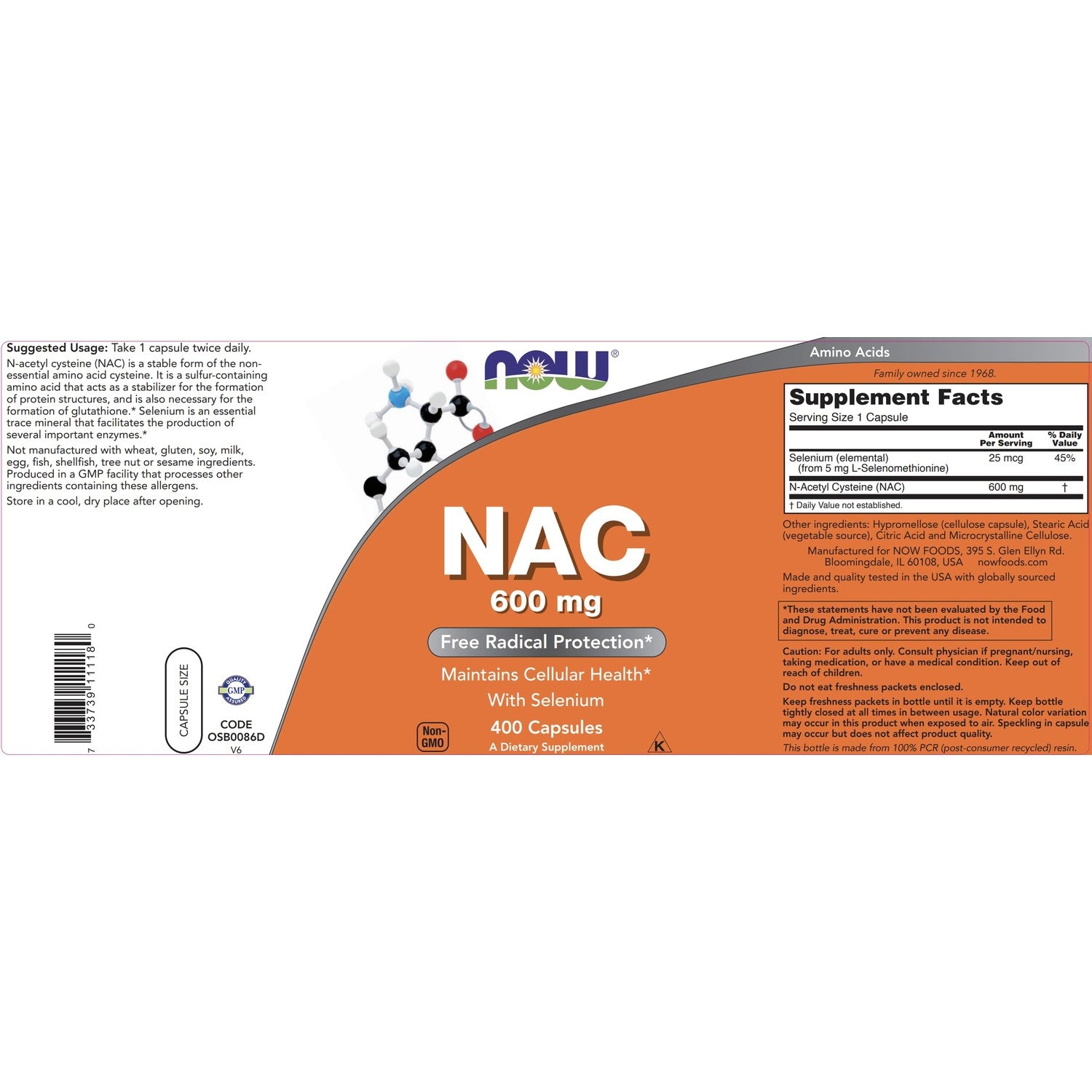 Buy now Now NAC 600 mg, 400 Capsules, N-Acetyl Cysteine with Selenium at indiglob india