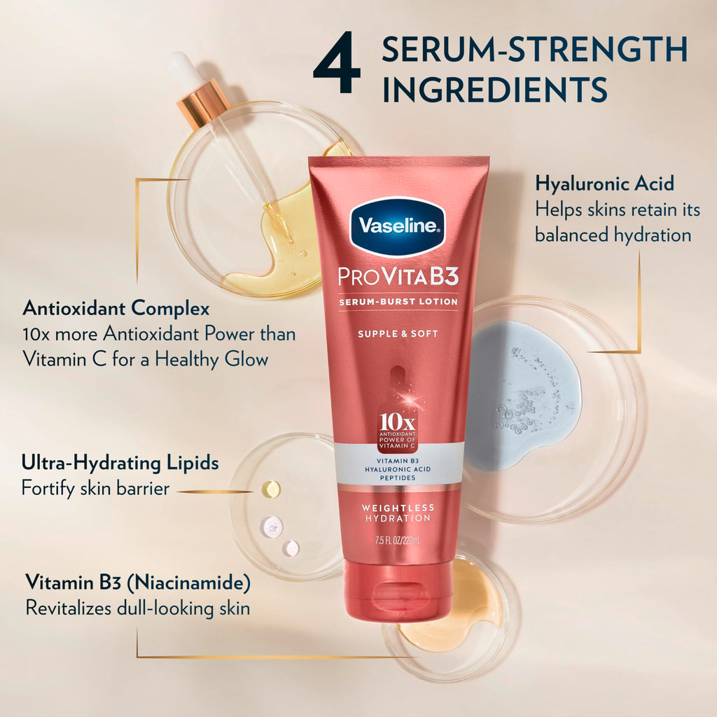 Vaseline Pro VitaB3 Serum Burst Body Lotion Supple & Soft 7.5oz | Body moisturizer for dull-looking skin with Vitamins C, E, Niacinamide, Hyaluronic Acid and Peptides for healthy glow