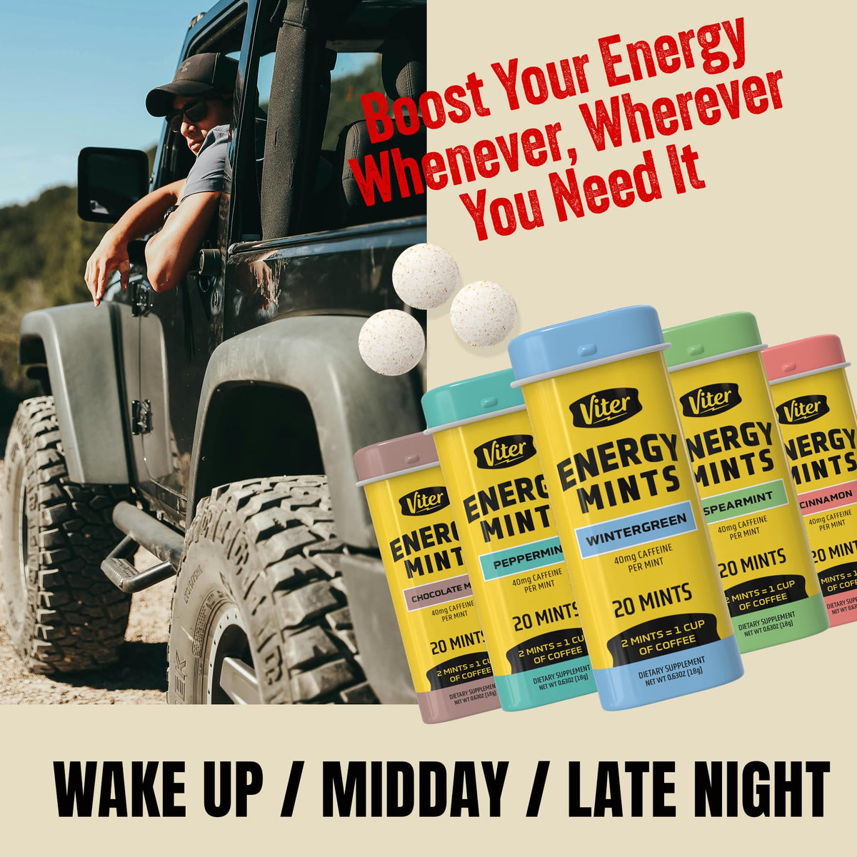 Viter Energy Caffeine Mints 40mg Variety Pack, Sugar Free, 5 Tins, 100ct