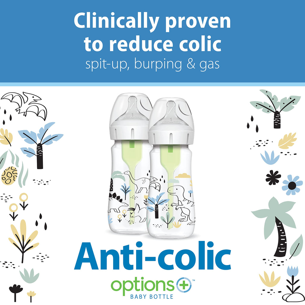 Dr. Brown's Anti-Colic Options+ Wide-Neck Baby Bottles, Dinos, 2-Pack