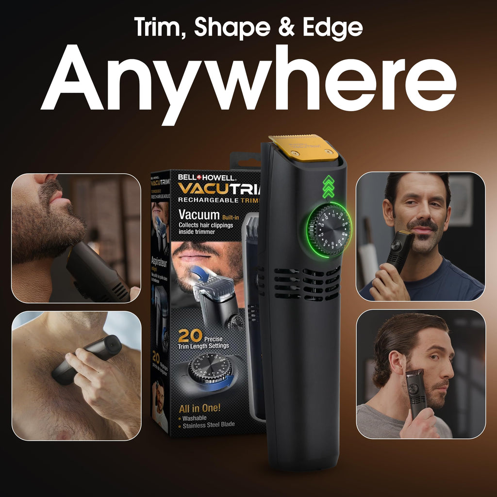 Bell+Howell Vacutrim Deluxe Cordless Mens Beard Trimmer, Rechargeable Electric Shaver with 20 Trim Setting and Built-in Vacuum for Mustache, Sideburns. Facial Hair, Black, 7.5", As Seen On TV