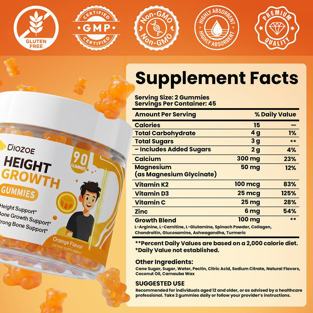 Height Growth Gummies (90 Count), Calcium 300mg, Magnesium Glycinate 50mg, Zinc, Ashwagandha, Vitamin D3 K2, Height Support Multivitamin, Bone Strength and Growth Supplement for Teens, Adults