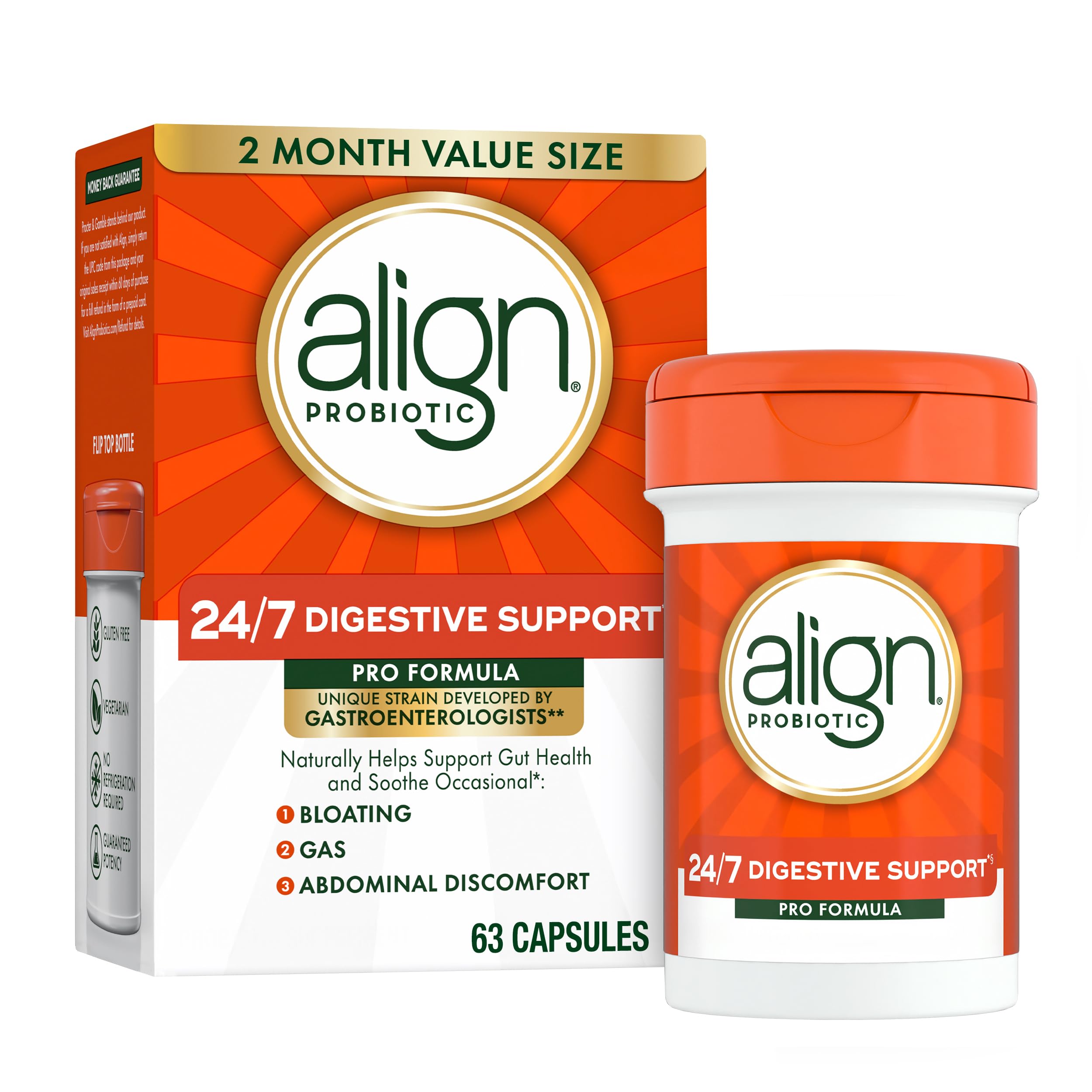 Align Probiotic, Pro Formula, Probiotics for Women and Men, Probiotics for Digestive Health, Men and Womens Probiotic Capsules Help Relieve Occasional Bloating & Gas*, 63 Capsules