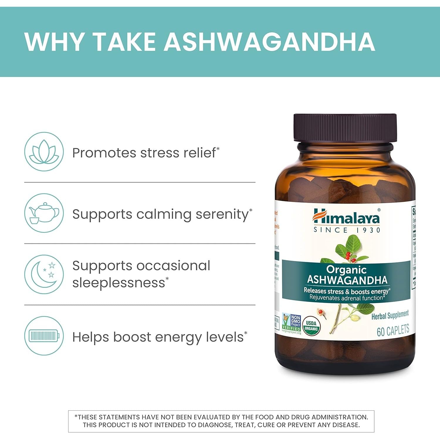Buy now Himalaya Organic Ashwagandha, 60 Day Supply, Herbal Supplement for Stress Relief, Energy Support, Occasional Sleeplessness, Organic, Non-GMO, Vegan, Gluten Free, 670 mg, 60 Caplets at indiglob india