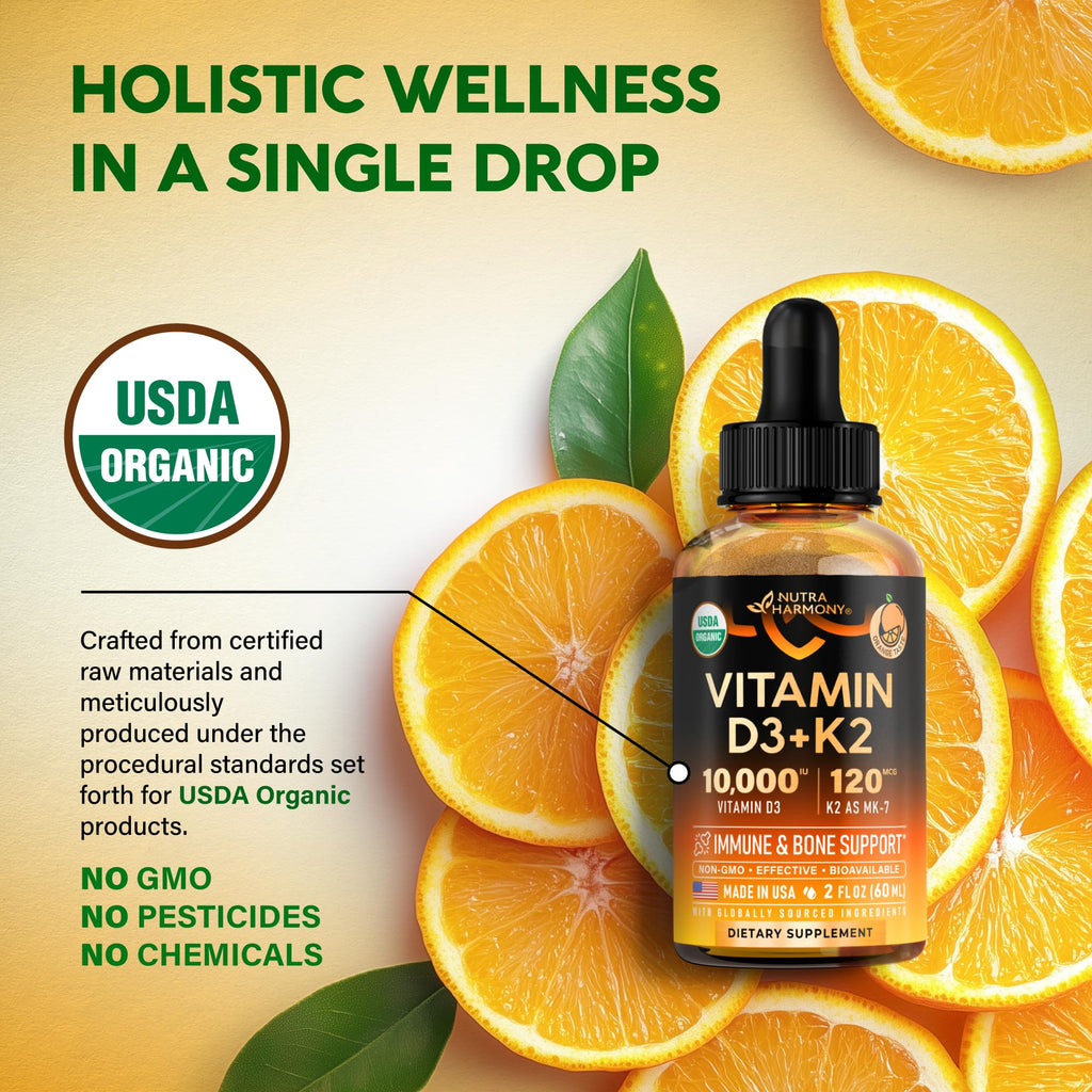 Vitamin D3 K2 USDA Organic Drops - Vitamin D3 10000 IU & K2 120mcg - 2 OZ | Immune & Mood Support, Bone & Teeth Health - Sugar-Free, Orange Flavor - Liquid Supplement for Men & Women - 60-Day Supply