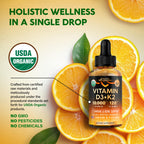 Vitamin D3 K2 USDA Organic Drops - Vitamin D3 10000 IU & K2 120mcg - 2 OZ | Immune & Mood Support, Bone & Teeth Health - Sugar-Free, Orange Flavor - Liquid Supplement for Men & Women - 60-Day Supply