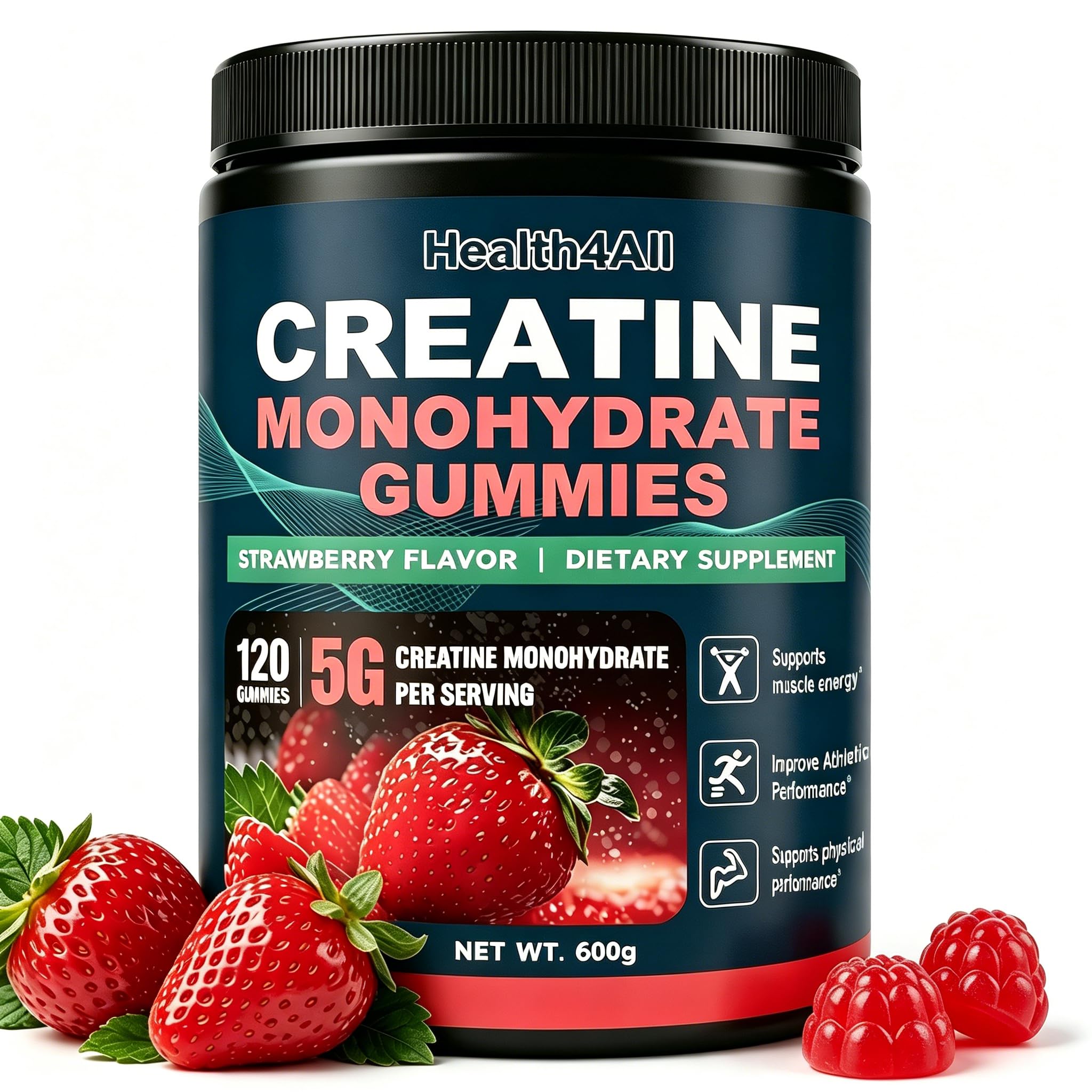 Health4All Creatine Monohydrate Gummies 5g for Men & Women, Creatine Gummy for Strength Energy & Muscle Growth Support Pre-Workout Supplement - Raspberry & Blueberry 120 Gummy