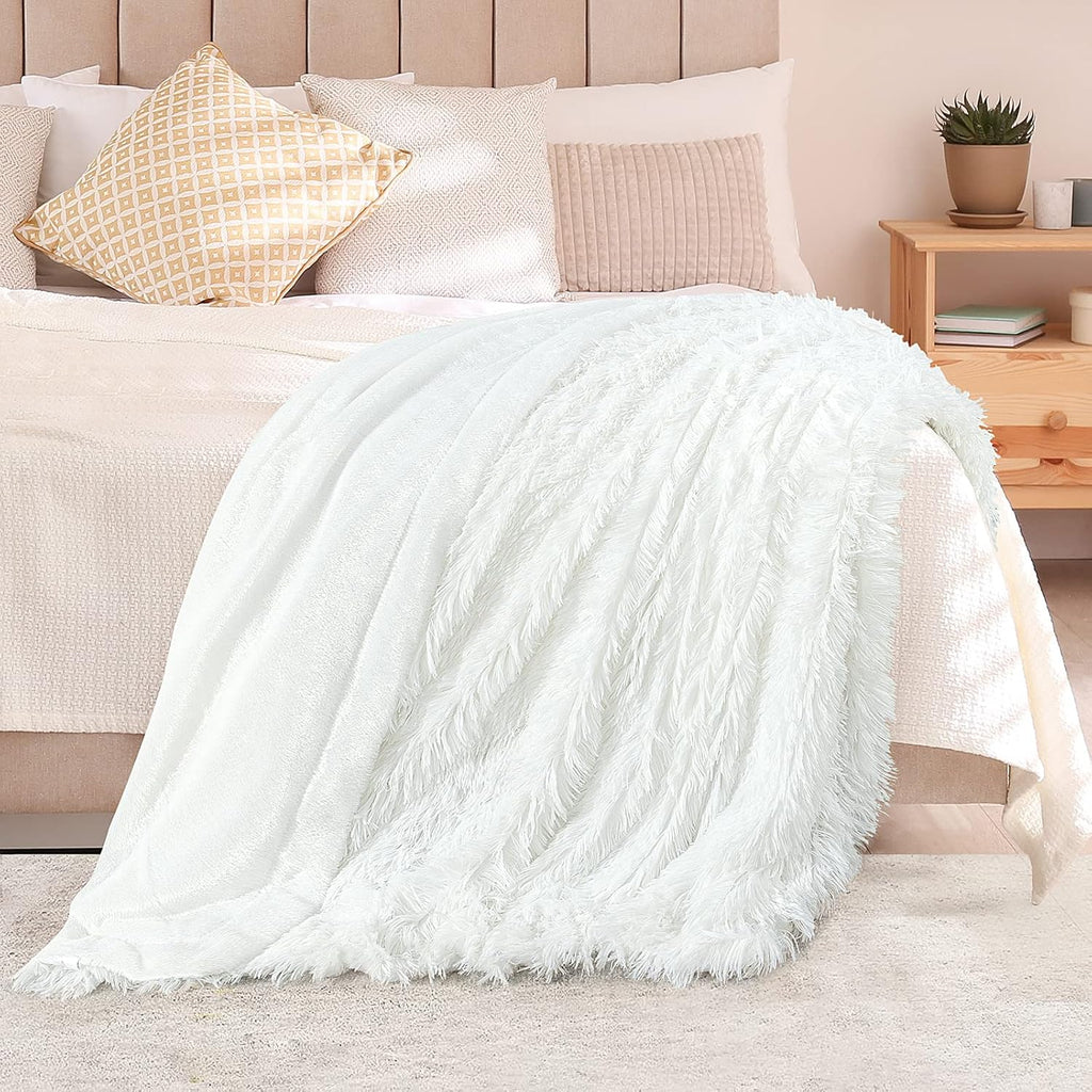 Buy now TOONOW Extra Soft Fuzzy Faux Fur Throw Blanket 50"x60", Reversible Lightweight Fluffy Cozy Plush Comfy Microfiber Fleece Decorative Shaggy Blanket for Couch Sofa Bed, Pure White at indiglob india