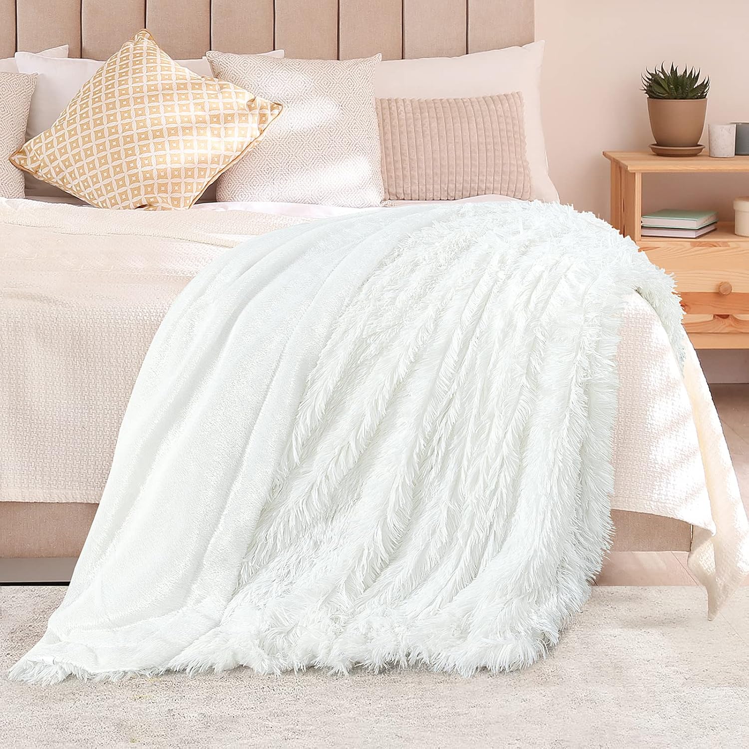 Buy now TOONOW Extra Soft Fuzzy Faux Fur Throw Blanket 50"x60", Reversible Lightweight Fluffy Cozy Plush Comfy Microfiber Fleece Decorative Shaggy Blanket for Couch Sofa Bed, Pure White at indiglob india