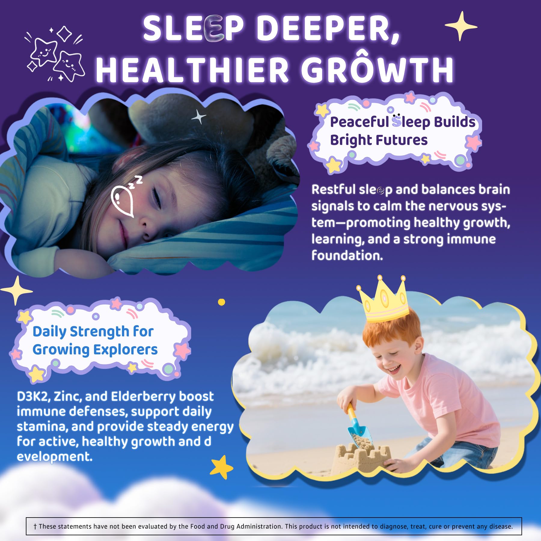 Kids Sleep Gummies, NO Melatonin Sleep Aid Gummies w/ Magnesium Glycinate, Magnesium Malate, L-Theanine, Lavender, B6, Zinc, D3K2 for Restful Sleep, Relax Brain & Muscle, Immune Support, Non-GMO 2Pack