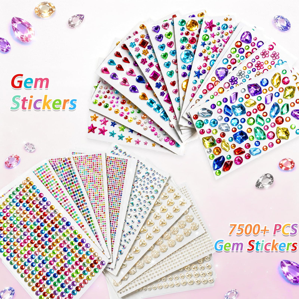 JIUZHU 7500+PCS Jewel Stickers for Crafts, Self Adhesive Gem Stickers Kit, Acrylic Rhinestone Stickers Assorted Shapes for Scrapbooking, Card Making, DIY Projects, Party Decorations