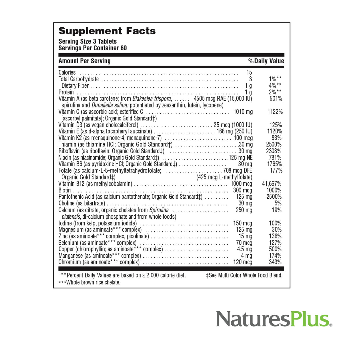 NaturesPlus Source of Life GOLD Multivitamin - 180 Tablets - Blood Support, Bone Support, Healthy Immune System - Includes Vitamins D3, B12, K2 & Over 120 Whole Food Nutrients - 60 Servings