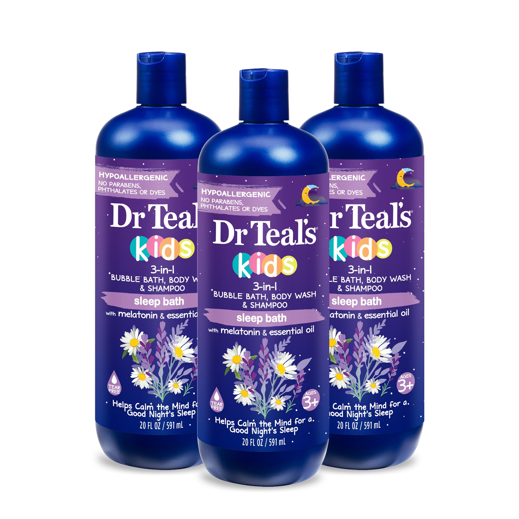 Dr Teal's Kids 3-in-1 Sleep Bubble Bath, Body Wash & Shampoo with Melatonin & Essential Oil, Lavender Scent, 20 fl oz (Pack of 3)