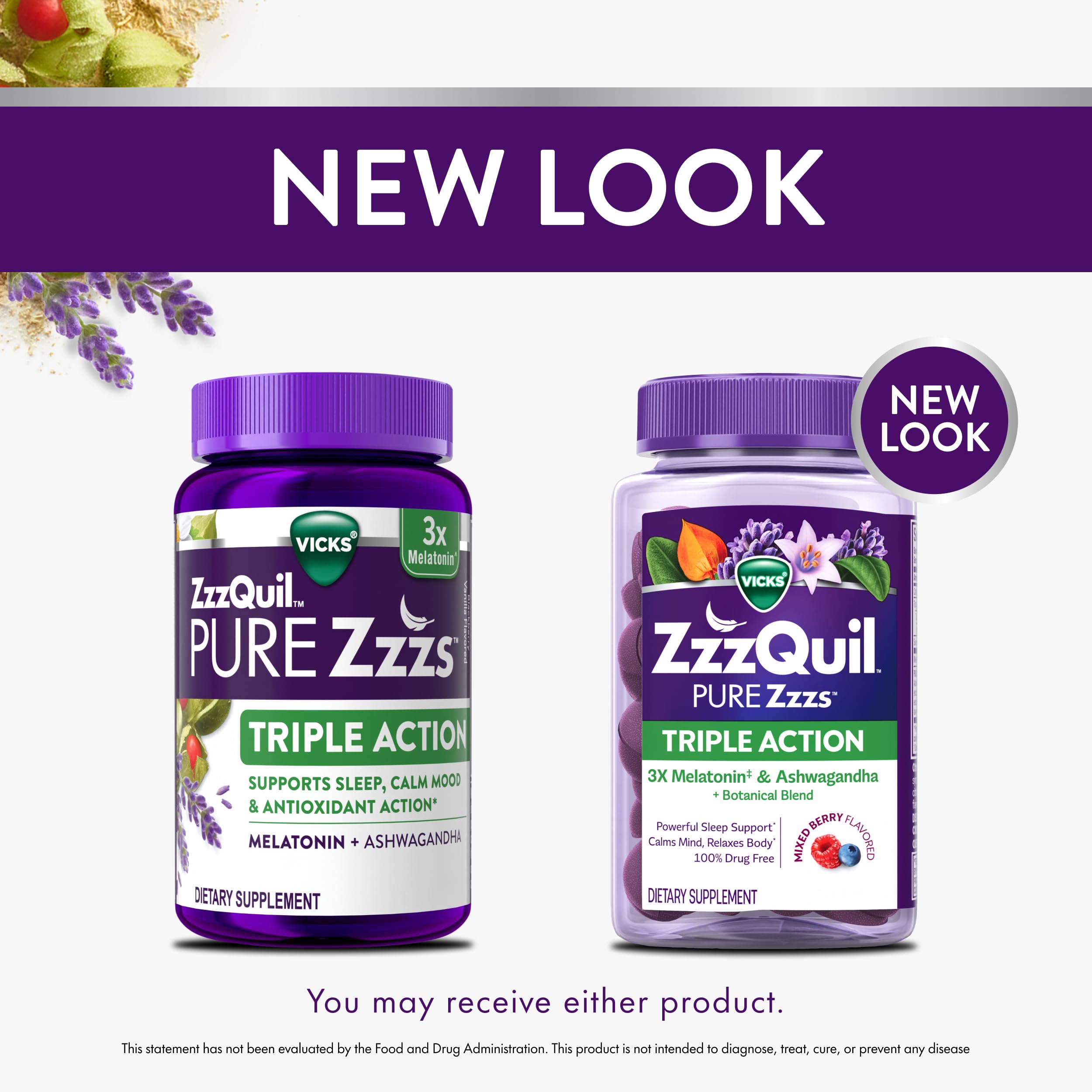 ZzzQuil PURE Zzzs Triple Action, Melatonin Gummies, Melatonin 6mg, 3X Melatonin, Sleep Aid with Ashwagandha, Calm Mood, Antioxidant Action, Sleep Aids for Adults, 60 Sleep Gummies