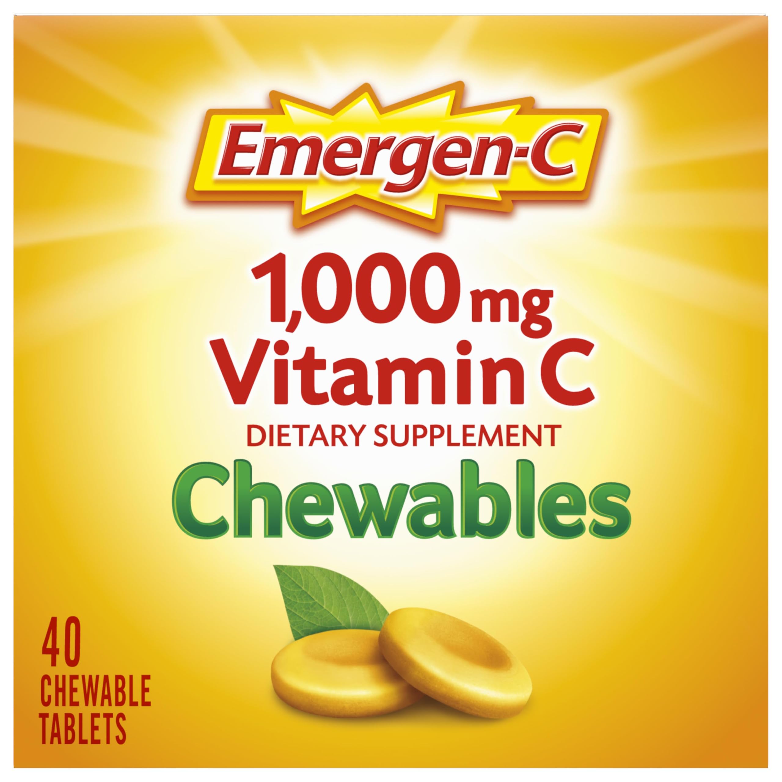 Emergen-C Vitamin C 1000mg Immune Support Chewables, Orange, 40 Tablets | Chewable Tablets, B Vitamins, Zinc and Manganese, No Water Needed, More Vitamin C than 10 Oranges