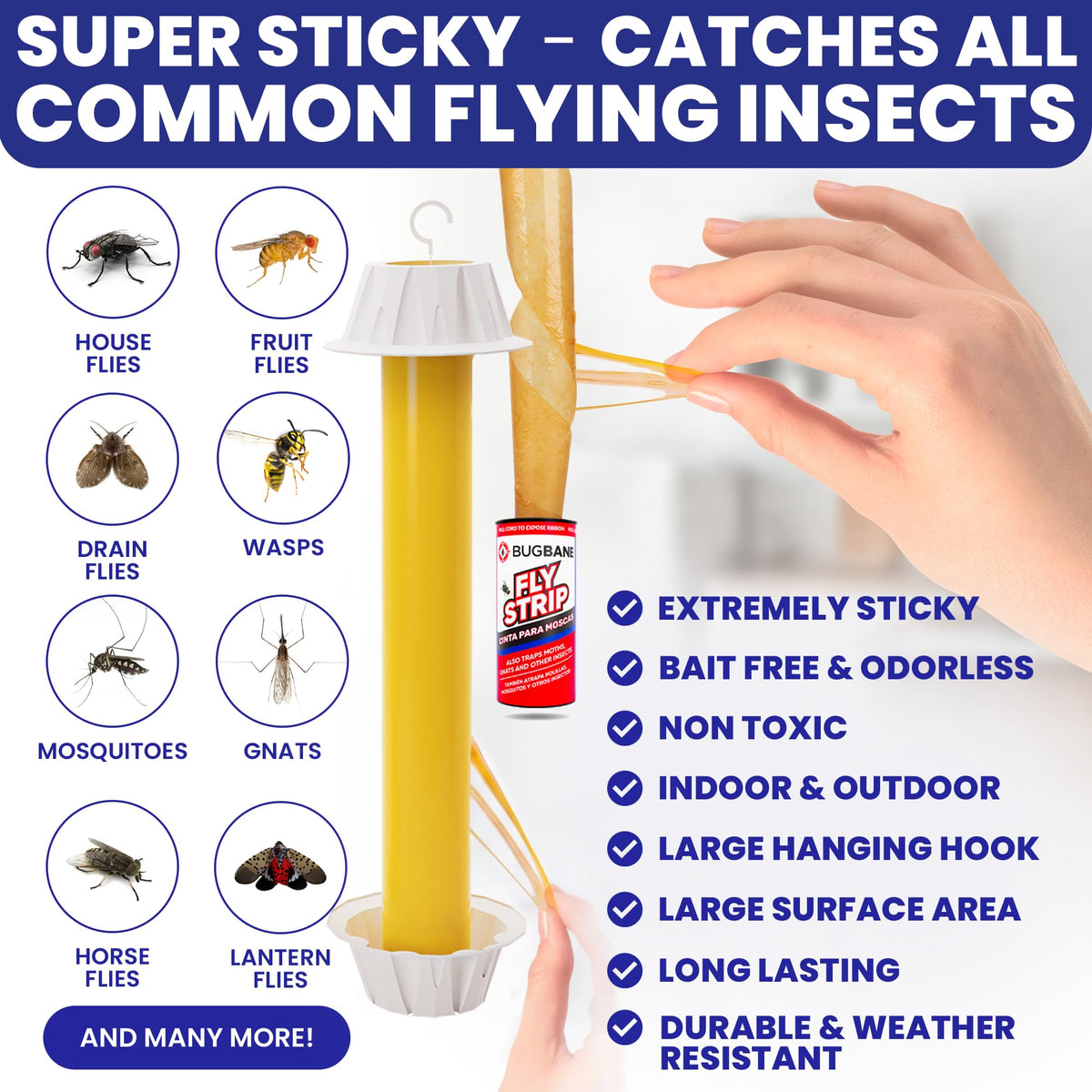 Fly Stick Sticky Fly Traps for Indoors Outdoor 4pk with 12 Ribbons. Non-Toxic Super Sticky Hanging Flies Catcher Paper Tape Strips for Home. Catches all bugs and gnats. Indoor House Flying Insect Trap