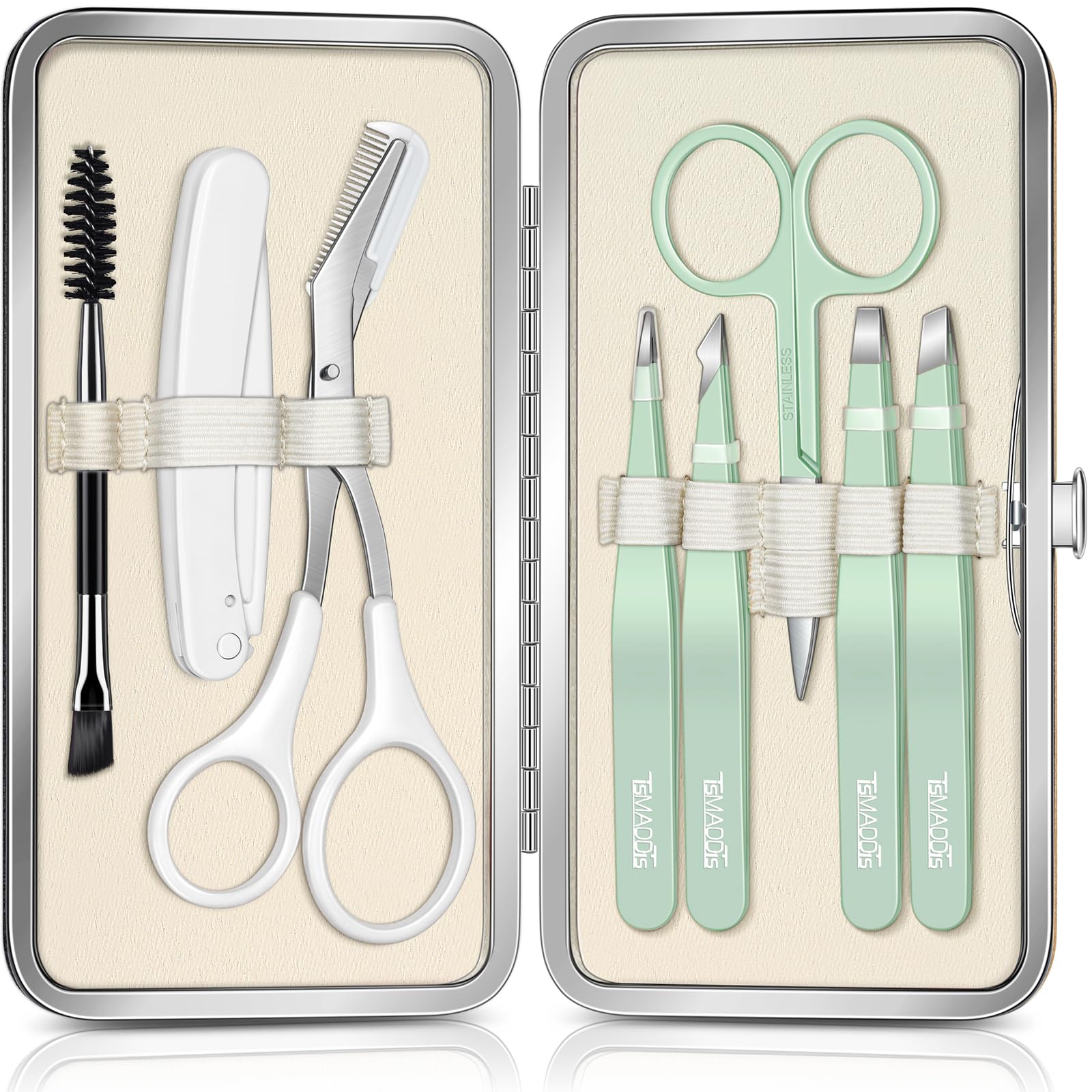 TsMADDTs Tweezers for Men, 8 in 1 Professional Eyebrow Tweezers Kit with Eyebrow Trimmer & Scissors, Razor, Brush, Skin Care Tools