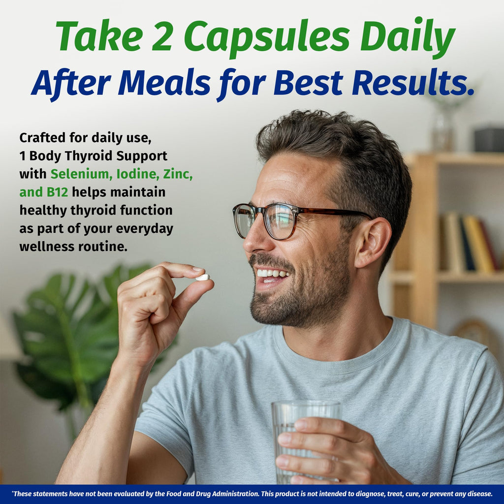 1 Body Thyroid Support for Women & Men, Iodine & Selenium Supplement | Supports healthy thyroid function, energy production, metabolism & daily wellness with essential nutrients.