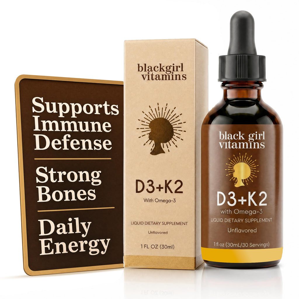 Black Girl Vitamins Vitamin D3 K2 Drops (125mcg Each) with Omega 3 – Liquid D3 K2 (MK7) Daily Supplement, Concentrated Unflavored Drops, Vegan (30-Day Supply)