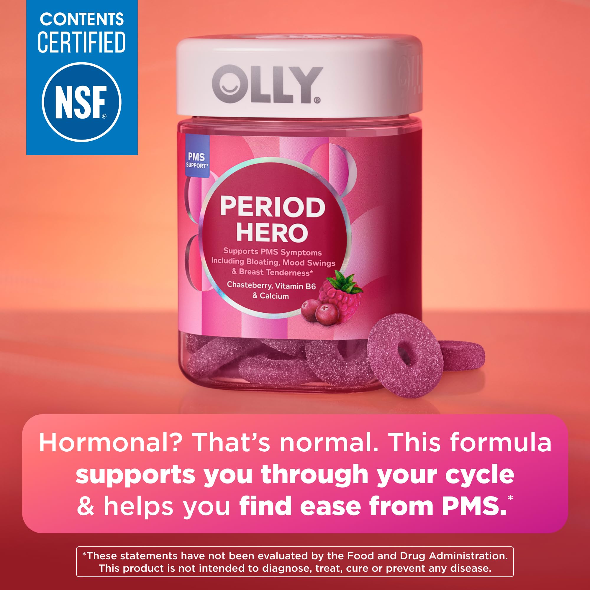 OLLY Period Hero Gummies, PMS Support Supplement,* Cran-Raspberry- 60 Count