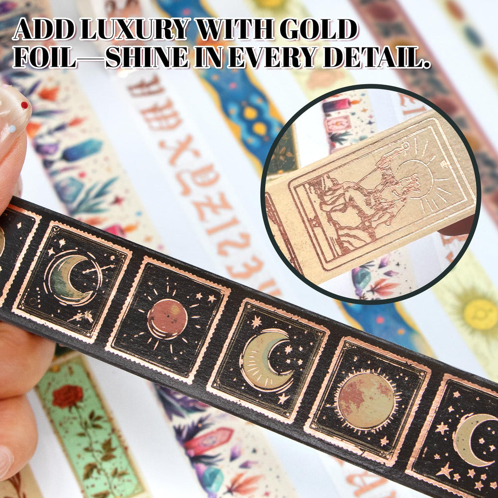 Gold Foil Tarot Washi Tape Set, 23 Rolls Vintage Decorative Washi Tape with 14 Gold Foil Designs, Assorted Widths for Journaling, Scrapbooking, Bullet Journal, Planner, Card Making & DIY Crafts
