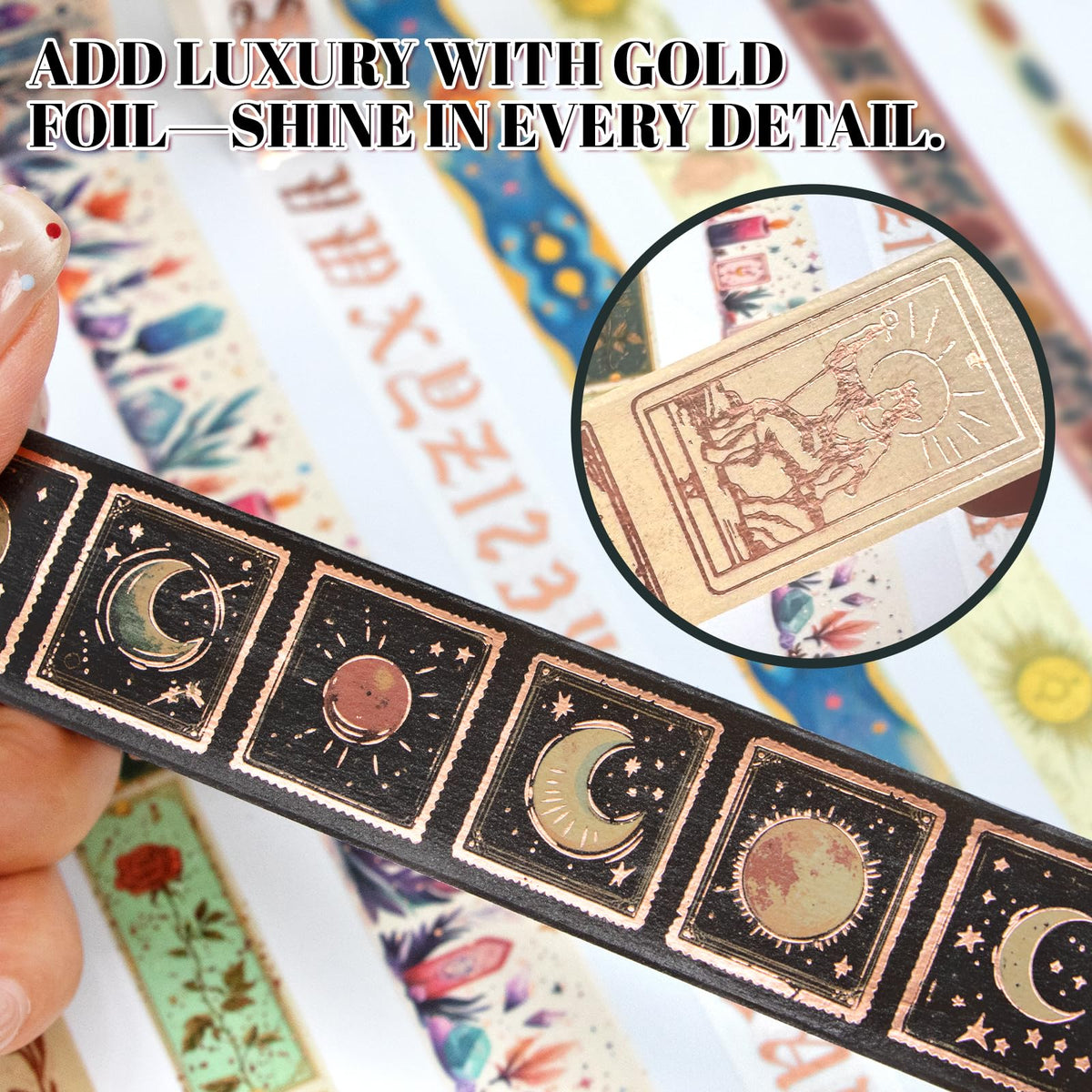 Gold Foil Tarot Washi Tape Set, 23 Rolls Vintage Decorative Washi Tape with 14 Gold Foil Designs, Assorted Widths for Journaling, Scrapbooking, Bullet Journal, Planner, Card Making & DIY Crafts